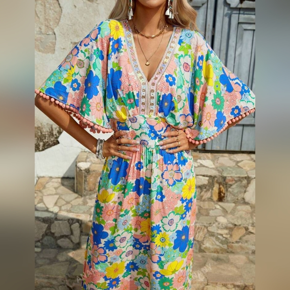 ANANY Floral Embellished Batwing Pompom Dress Size Large